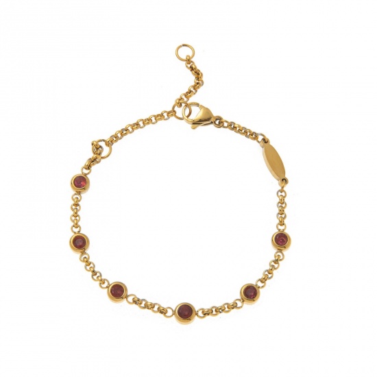Picture of Wholesale Brown Red Rhinestone January Birthstone 304 Stainless Steel Rolo Chain Station Bracelet, 18K Gold Plated Eco-friendly PVD, Women's Simple Stylish Gift Jewelry Supply, 19cm(7.5") long, 1 Piece