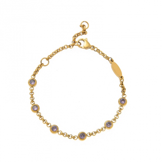 Picture of Wholesale Purple Rhinestone February Birthstone 304 Stainless Steel Rolo Chain Station Bracelet, 18K Gold Plated Eco-friendly PVD, Women's Simple Stylish Gift Jewelry Supply, 19cm(7.5") long, 1 Piece