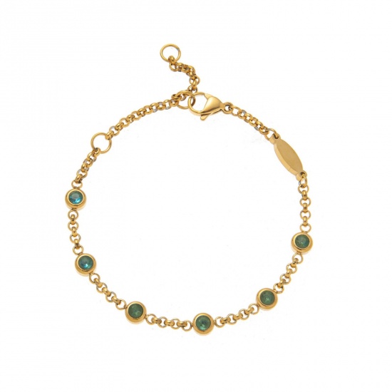 Picture of Wholesale Aqua Blue Rhinestone March Birthstone 304 Stainless Steel Rolo Chain Station Bracelet, 18K Gold Plated Eco-friendly PVD, Women's Simple Stylish Gift Jewelry Supply, 19cm(7.5") long, 1 Piece