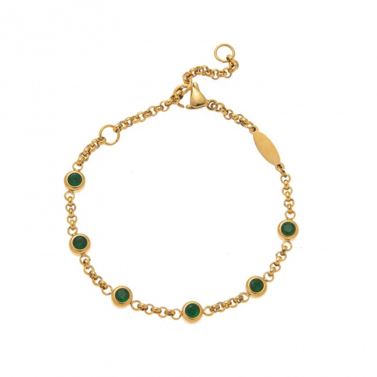 Picture of Wholesale Emerald Rhinestone May Birthstone 304 Stainless Steel Rolo Chain Station Bracelet, 18K Gold Plated Eco-friendly PVD, Women's Simple Stylish Gift Jewelry Supply, 19cm(7.5") long, 1 Piece