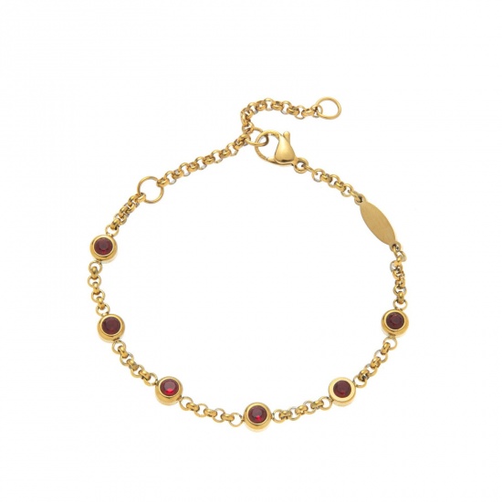 Picture of Wholesale Red Rhinestone July Birthstone 304 Stainless Steel Rolo Chain Station Bracelet, 18K Gold Plated Eco-friendly PVD, Women's Simple Stylish Gift Jewelry Supply, 19cm(7.5") long, 1 Piece