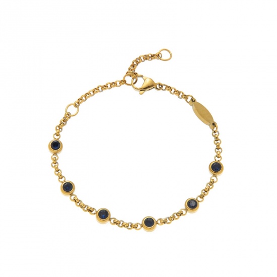 Picture of Wholesale Royal Blue Rhinestone September Birthstone 304 Stainless Steel Rolo Chain Station Bracelet, 18K Gold Plated Eco-friendly PVD, Women's Simple Stylish Gift Jewelry Supply, 19cm(7.5") long, 1 Piece