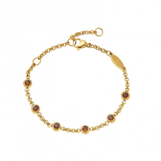 Picture of Wholesale Deep Pink Rhinestone October Birthstone 304 Stainless Steel Rolo Chain Station Bracelet, 18K Gold Plated Eco-friendly PVD, Women's Simple Stylish Gift Jewelry Supply, 19cm(7.5") long, 1 Piece