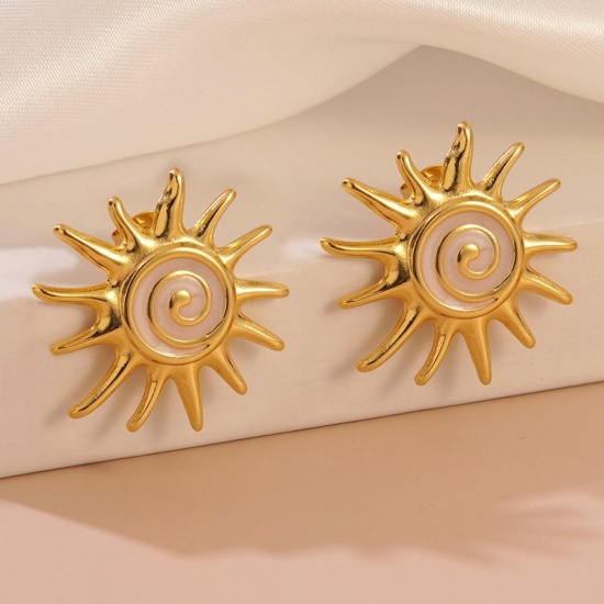 Picture of Wholesale Galaxy Retro Ear Post Stud Earrings, Sun White Enamel 18K Gold Plated 304 Stainless Steel, Women's Eco-friendly PVD Vacuum Plating Gift Jewelry Supply 3cm Dia., 1 Pair