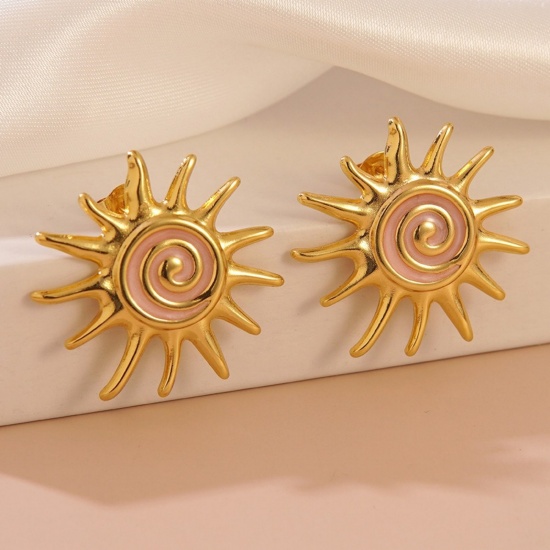 Picture of Wholesale Galaxy Retro Ear Post Stud Earrings, Sun Pink Enamel 18K Gold Plated 304 Stainless Steel, Women's Eco-friendly PVD Vacuum Plating Gift Jewelry Supply 3cm Dia., 1 Pair