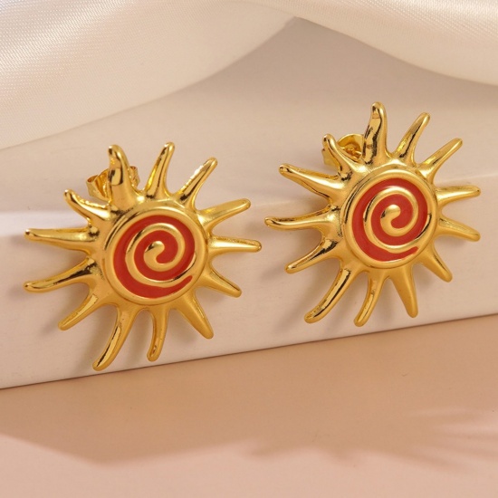 Picture of Wholesale Galaxy Retro Ear Post Stud Earrings, Sun Red Enamel 18K Gold Plated 304 Stainless Steel, Women's Eco-friendly PVD Vacuum Plating Gift Jewelry Supply 3cm Dia., 1 Pair