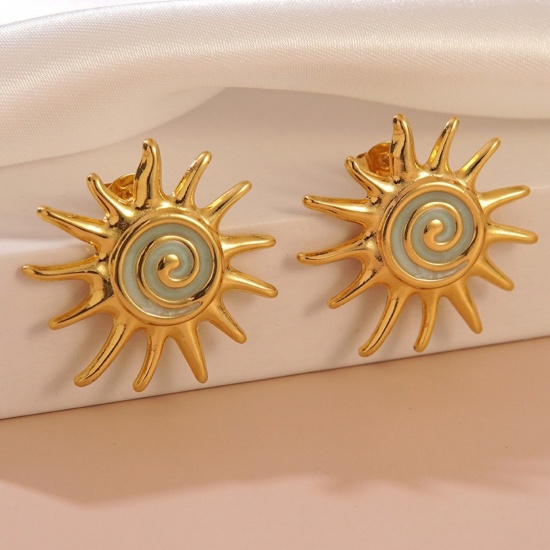 Picture of Wholesale Galaxy Retro Ear Post Stud Earrings, Sun Blue Enamel 18K Gold Plated 304 Stainless Steel, Women's Eco-friendly PVD Vacuum Plating Gift Jewelry Supply 3cm Dia., 1 Pair