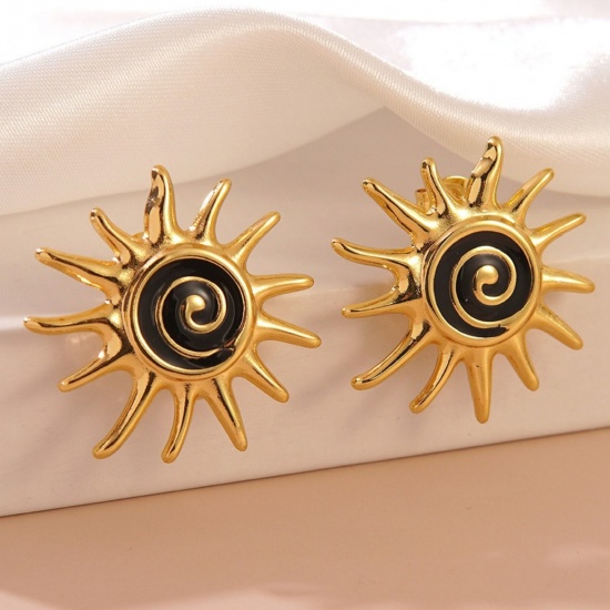 Picture of Wholesale Galaxy Retro Ear Post Stud Earrings, Sun Black Enamel 18K Gold Plated 304 Stainless Steel, Women's Eco-friendly PVD Vacuum Plating Gift Jewelry Supply 3cm Dia., 1 Pair