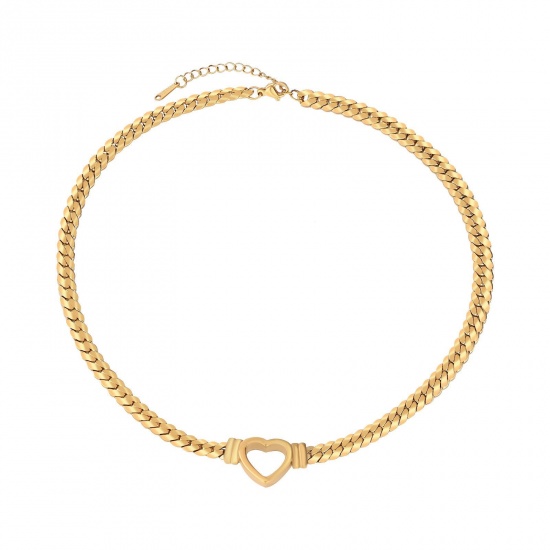 Picture of Wholesale Heart Choker Necklace, 18K Gold Plated 304 Stainless Steel Cuban Link Chain, Women's Eco-friendly PVD Vacuum Plating Valentine's Day Stylish Gift Jewelry For Retailer 38cm(15") + 5cm(2") long, 1 Piece