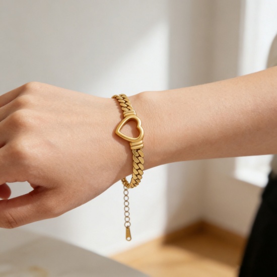 Picture of Wholesale Heart Charm Bracelets Choker, 18K Gold Plated 304 Stainless Steel Cuban Link Chain, Women's Eco-friendly PVD Valentine's Day Stylish Gift Jewelry For Retailer, 17cm(6.7") + 5cm(2") long, 1 Piece