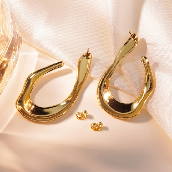 Picture of Wholesale Stylish Retro Ear Post Stud Earrings, 18K Gold Plated 304 Stainless Steel, Women's Eco-friendly PVD Vacuum Plating Gift Jewelry Supply 5.2cm x 2.3cm, 1 Pair