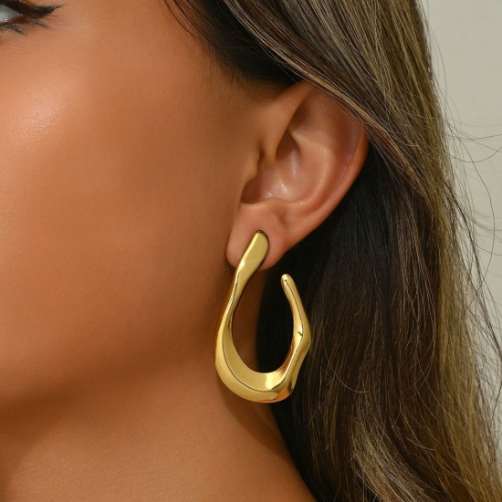 Picture of Wholesale Stylish Retro Ear Post Stud Earrings, 18K Gold Plated 304 Stainless Steel, Women's Eco-friendly PVD Vacuum Plating Gift Jewelry Supply 5.2cm x 2.3cm, 1 Pair