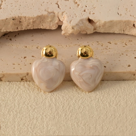Picture of Wholesale Valentine's Day Retro Ear Post Stud Earrings, Heart White 18K Gold Plated 304 Stainless Steel, Women's Eco-friendly Gift Jewelry Supply 26mm x 19mm, 1 Pair