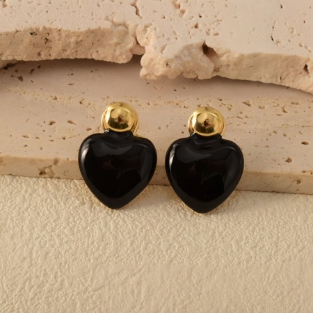 Picture of Wholesale Valentine's Day Retro Ear Post Stud Earrings, Heart Black 18K Gold Plated 304 Stainless Steel, Women's Eco-friendly Gift Jewelry Supply 26mm x 19mm, 1 Pair