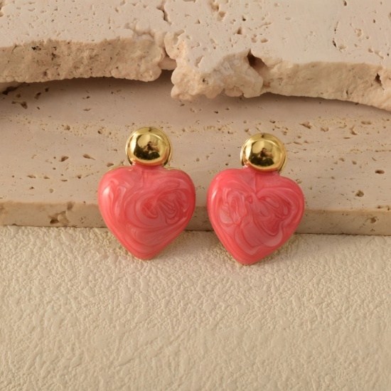 Picture of Wholesale Valentine's Day Retro Ear Post Stud Earrings, Heart Reddish Orange 18K Gold Plated 304 Stainless Steel, Women's Eco-friendly Gift Jewelry Supply 26mm x 19mm, 1 Pair