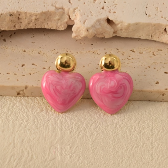 Picture of Wholesale Valentine's Day Retro Ear Post Stud Earrings, Heart Pink 18K Gold Plated 304 Stainless Steel, Women's Eco-friendly Gift Jewelry Supply 26mm x 19mm, 1 Pair