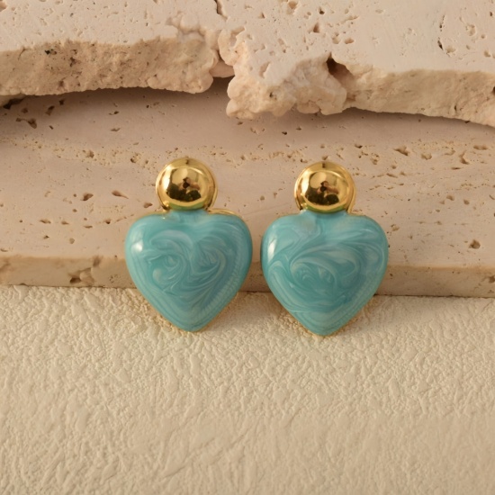 Picture of Wholesale Valentine's Day Retro Ear Post Stud Earrings, Heart Green 18K Gold Plated 304 Stainless Steel, Women's Eco-friendly Gift Jewelry Supply 26mm x 19mm, 1 Pair