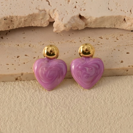 Imagen de Al Por Mayor día de San Valentín Retro Pendientes de Poste de Oreja, Corazón Violeta Chapado en Oro de 18K 304 Acero Inoxidable, Mujeres Respetuoso del Medio Ambiente Regalo Suministro de Joyería 26mm x 19mm, 1 Par