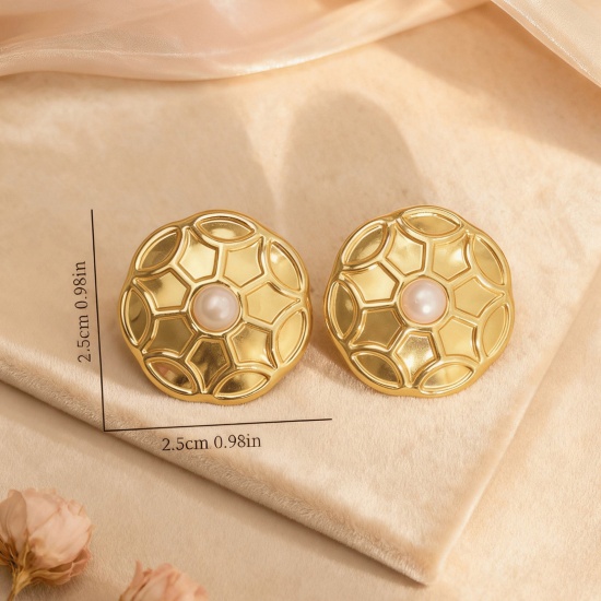 Picture of Wholesale Stylish Retro Ear Post Stud Earrings, Imitation Pearl 18K Gold Plated 304 Stainless Steel, Women's Eco-friendly Gift Jewelry Supply 25mm x 25mm, 1 Pair