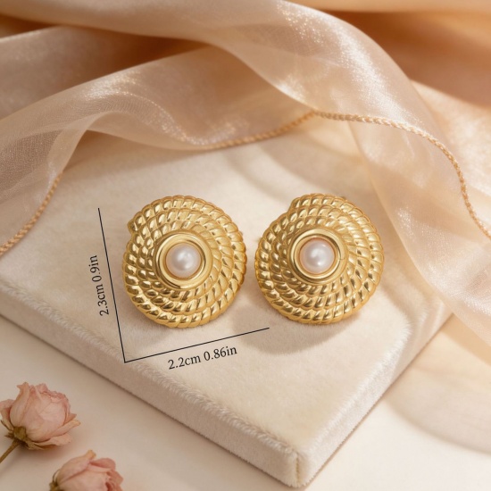 Picture of Wholesale Stylish Retro Ear Post Stud Earrings, Imitation Pearl 18K Gold Plated 304 Stainless Steel, Women's Eco-friendly Gift Jewelry Supply 22mm x 22mm, 1 Pair