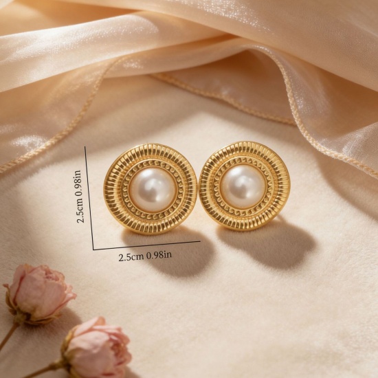 Picture of Wholesale Stylish Retro Ear Post Stud Earrings, Imitation Pearl 18K Gold Plated 304 Stainless Steel, Women's Eco-friendly Gift Jewelry Supply 25mm x 25mm, 1 Pair