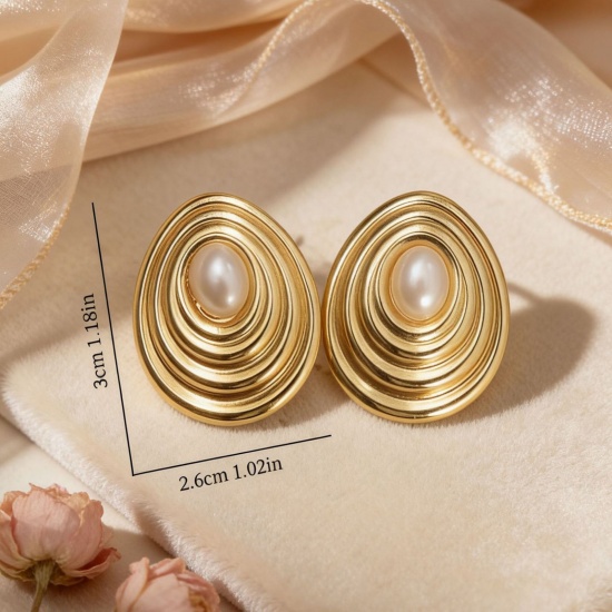 Picture of Wholesale Stylish Retro Ear Post Stud Earrings, Oval Imitation Pearl 18K Gold Plated 304 Stainless Steel, Women's Eco-friendly Gift Jewelry Supply 3cm x 2.6cm, 1 Pair