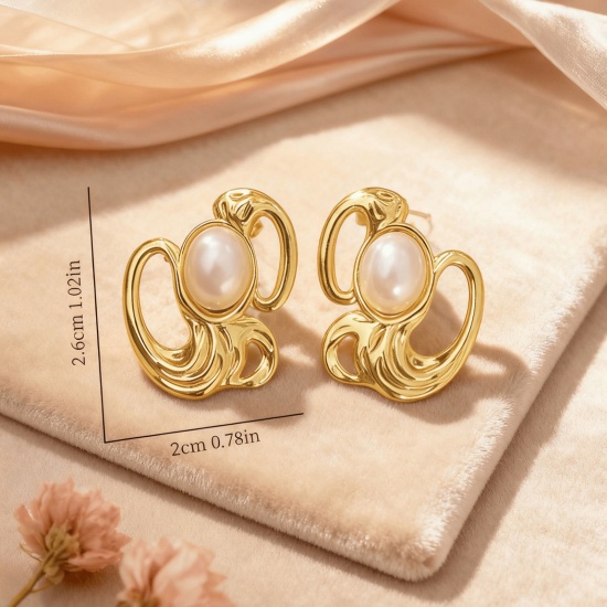 Picture of Wholesale Stylish Retro Ear Post Stud Earrings, Imitation Pearl 18K Gold Plated 304 Stainless Steel, Women's Eco-friendly Gift Jewelry Supply 26mm x 20mm, 1 Pair
