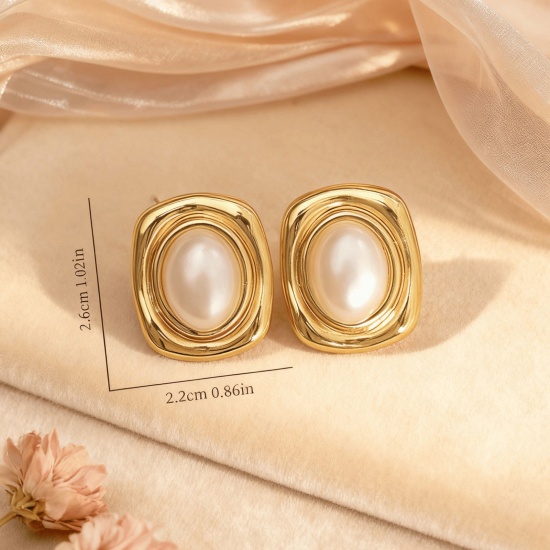 Picture of Wholesale Stylish Retro Ear Post Stud Earrings, Imitation Pearl 18K Gold Plated 304 Stainless Steel, Women's Eco-friendly Gift Jewelry Supply 25mm x 22mm, 1 Pair