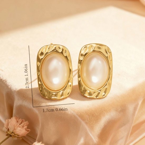 Picture of Wholesale Stylish Retro Ear Post Stud Earrings, Imitation Pearl 18K Gold Plated 304 Stainless Steel, Women's Eco-friendly Gift Jewelry Supply 27mm x 17mm, 1 Pair