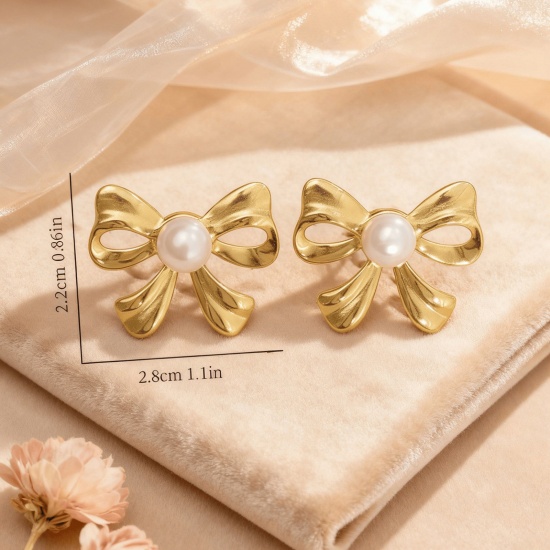 Picture of Wholesale Stylish Retro Ear Post Stud Earrings, Bowknot Imitation Pearl 18K Gold Plated 304 Stainless Steel, Women's Eco-friendly Gift Jewelry Supply 28mm x 22mm, 1 Pair