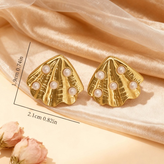 Picture of Wholesale Stylish Retro Ear Post Stud Earrings, Imitation Pearl 18K Gold Plated 304 Stainless Steel, Women's Eco-friendly Gift Jewelry Supply 21mm x 19mm, 1 Pair