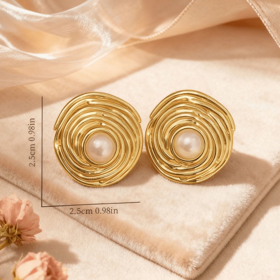 Picture of Wholesale Stylish Retro Ear Post Stud Earrings, Imitation Pearl 18K Gold Plated 304 Stainless Steel, Women's Eco-friendly Gift Jewelry Supply 25mm x 25mm, 1 Pair
