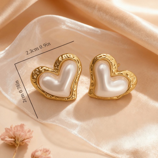 Picture of Wholesale Valentine's Day Retro Ear Post Stud Earrings, Heart Imitation Pearl 18K Gold Plated 304 Stainless Steel, Women's Eco-friendly Gift Jewelry Supply 23mm x 20mm, 1 Pair