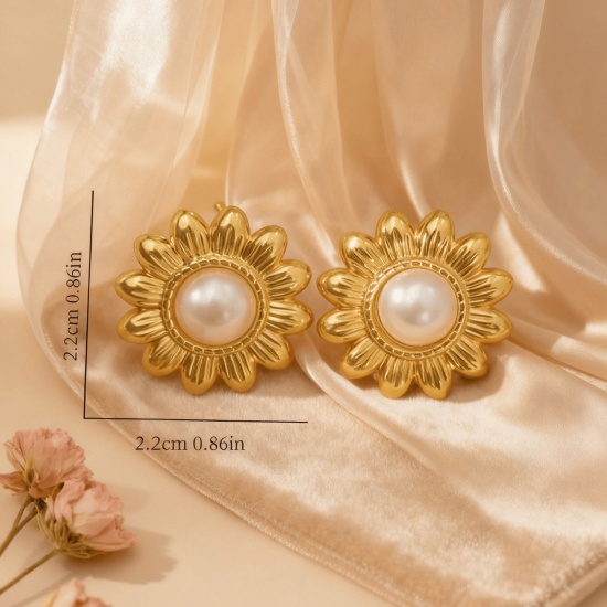 Picture of Wholesale Stylish Retro Ear Post Stud Earrings, Flower Imitation Pearl 18K Gold Plated 304 Stainless Steel, Women's Eco-friendly Gift Jewelry Supply 22mm x 22mm, 1 Pair