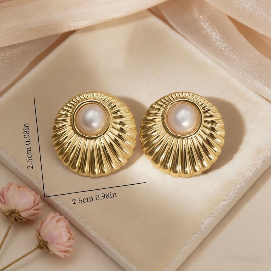 Picture of Wholesale Stylish Retro Ear Post Stud Earrings, Oval Imitation Pearl 18K Gold Plated 304 Stainless Steel, Women's Eco-friendly Gift Jewelry Supply 25mm x 25mm, 1 Pair