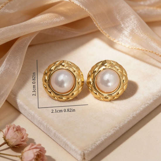 Picture of Wholesale Stylish Retro Ear Post Stud Earrings, Imitation Pearl 18K Gold Plated 304 Stainless Steel, Women's Eco-friendly Gift Jewelry Supply 21mm x 21mm, 1 Pair