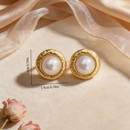 Picture of Wholesale Stylish Retro Ear Post Stud Earrings, Imitation Pearl 18K Gold Plated 304 Stainless Steel, Women's Eco-friendly Gift Jewelry Supply 19mm x 19mm, 1 Pair