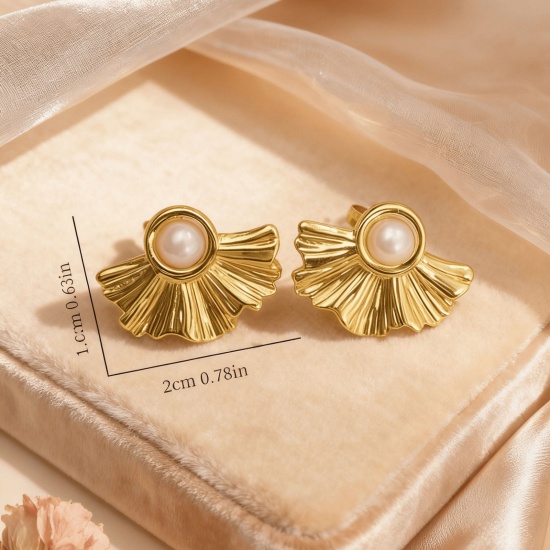 Picture of Wholesale Stylish Retro Ear Post Stud Earrings, Imitation Pearl 18K Gold Plated 304 Stainless Steel, Women's Eco-friendly Gift Jewelry Supply 20mm x 10mm, 1 Pair