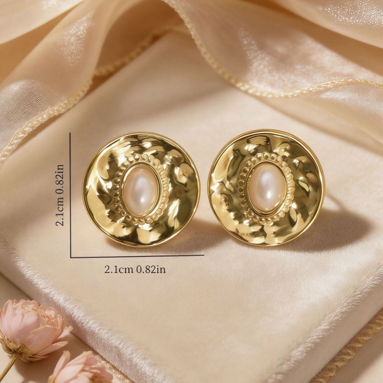 Picture of Wholesale Stylish Retro Ear Post Stud Earrings, Imitation Pearl 18K Gold Plated 304 Stainless Steel, Women's Eco-friendly Gift Jewelry Supply 21mm x 21mm, 1 Pair