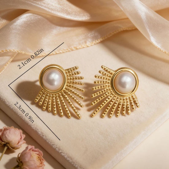 Picture of Wholesale Stylish Retro Ear Post Stud Earrings, Imitation Pearl 18K Gold Plated 304 Stainless Steel, Women's Eco-friendly Gift Jewelry Supply 23mm x 21mm, 1 Pair
