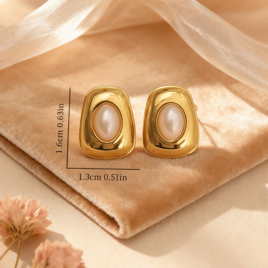 Picture of Wholesale Stylish Retro Ear Post Stud Earrings, Imitation Pearl 18K Gold Plated 304 Stainless Steel, Women's Eco-friendly Gift Jewelry Supply 16mm x 13mm, 1 Pair