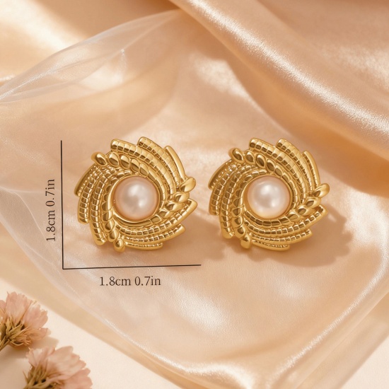 Picture of Wholesale Stylish Retro Ear Post Stud Earrings, Imitation Pearl 18K Gold Plated 304 Stainless Steel, Women's Eco-friendly Gift Jewelry Supply 18mm x 18mm, 1 Pair