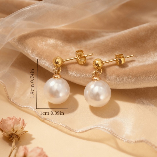 Picture of Wholesale Stylish Retro Ear Post Stud Earrings, Imitation Pearl 18K Gold Plated 304 Stainless Steel, Women's Eco-friendly Gift Jewelry Supply 19mm x 10mm, 1 Pair