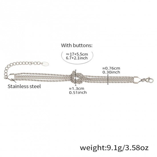 Picture of Wholesale Knot Link Chain Multilayer Layered Bracelet, Silver Tone 304 Stainless Steel, Women's Eco-friendly Stylish Simple & Casual Gift Jewelry Supply 17cm(6.7") long, 1 Piece