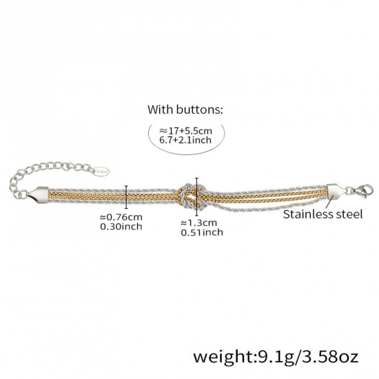 Picture of Wholesale Knot Two Tone Link Chain Multilayer Layered Bracelet, Silver Tone & 18K Gold Plated 304 Stainless Steel, Women's Eco-friendly PVD Vacuum Plating Stylish Simple & Casual Gift Jewelry Supply 17cm(6.7") long, 1 Piece