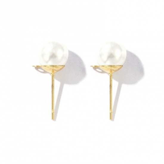 Picture of 10 PCs Eco-friendly PVD Vacuum Plating 304 Stainless Steel Stylish Ear Post Stud Earring With Loop Connector Accessories Round 18K Gold Plated White Acrylic Imitation Pearl 8mm Dia., Post/ Wire Size: 0.7mm(21 gauge)