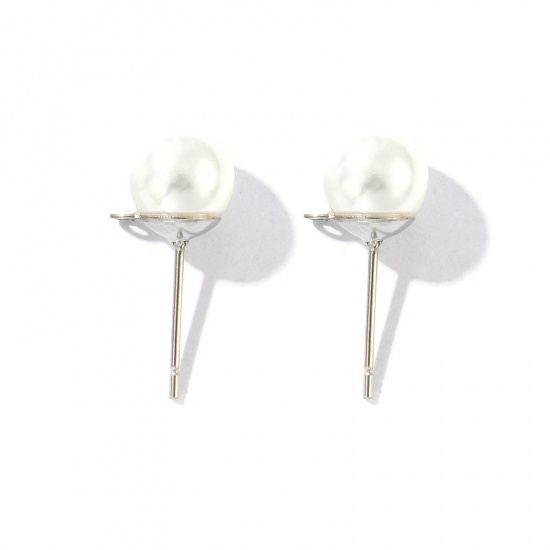 Picture of 10 PCs Eco-friendly 304 Stainless Steel Stylish Ear Post Stud Earring With Loop Connector Accessories Round Silver Tone White Acrylic Imitation Pearl 8mm Dia., Post/ Wire Size: 0.7mm(21 gauge)