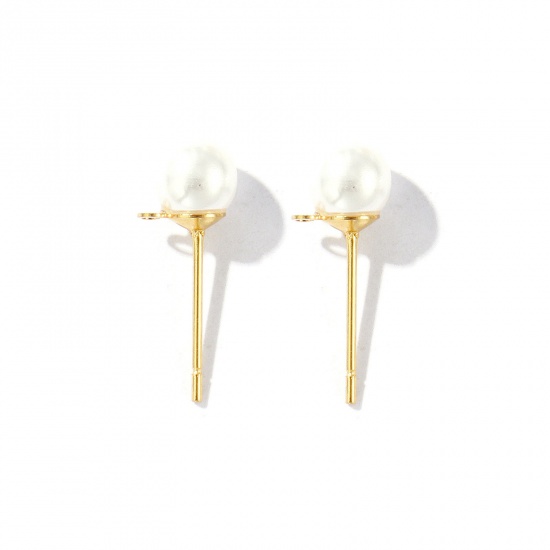 Picture of 10 PCs Eco-friendly PVD Vacuum Plating 304 Stainless Steel Stylish Ear Post Stud Earring With Loop Connector Accessories Round 18K Gold Plated White Acrylic Imitation Pearl 6mm Dia., Post/ Wire Size: 0.7mm(21 gauge)