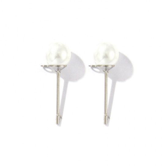 Picture of 10 PCs Eco-friendly 304 Stainless Steel Stylish Ear Post Stud Earring With Loop Connector Accessories Round Silver Tone White Acrylic Imitation Pearl 6mm Dia., Post/ Wire Size: 0.7mm(21 gauge)