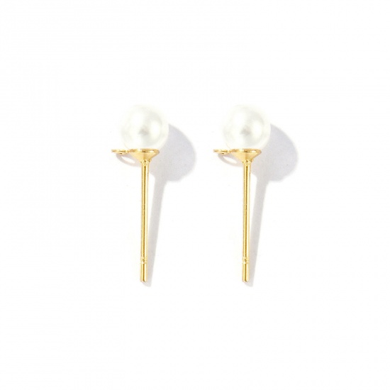 Picture of 10 PCs Eco-friendly PVD Vacuum Plating 304 Stainless Steel Stylish Ear Post Stud Earring With Loop Connector Accessories Round 18K Gold Plated White Acrylic Imitation Pearl 5mm Dia., Post/ Wire Size: 0.7mm(21 gauge)